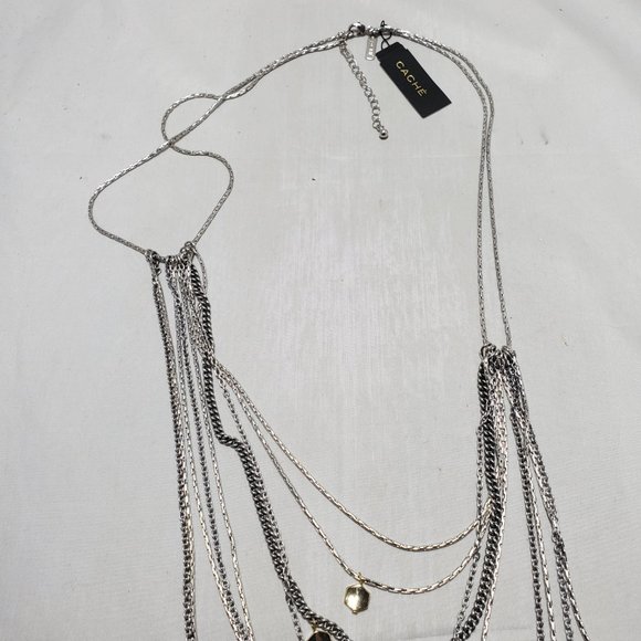 CACHE multi-layered 9-strand layered silver necklace with gold charms - Picture 4 of 9